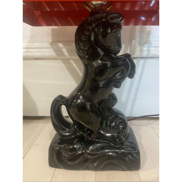 Pair of Black Ceramic Horse Mustang Lamps with Collabsable Metal Shades Mid Cent - Picture 4 of 7